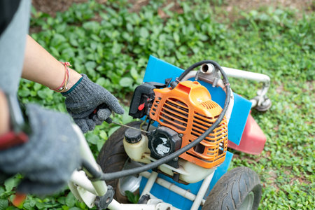 ardener pulling lawnmower starter cord, beginning the task of cutting the well-kept lawnの写真素材
