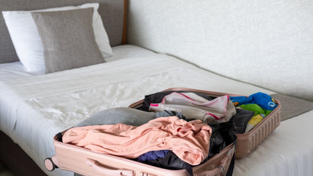 Open suitcase on hotel bed with travel items being prepared, capturing vacation planning momentの写真素材