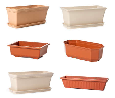 Set of plastic flowerpots for indoor plants on white backgroundの写真素材