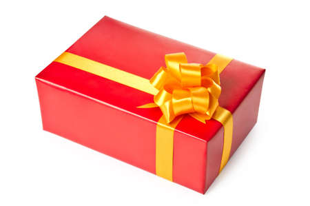 Red gift box with yellow bow and ribbon isolated on white background
