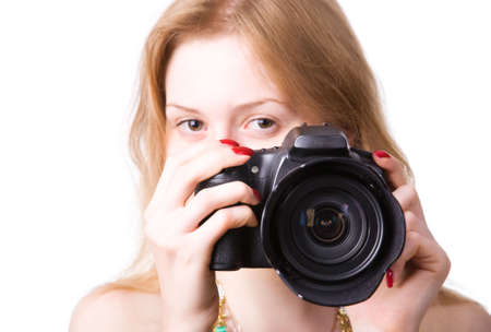 Young photographer. Isolated on white.