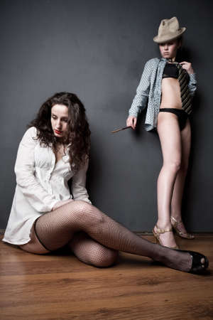Two women conflict concept. Wide angle view.の写真素材