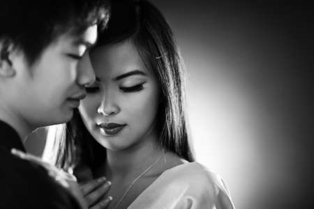 Young japan couple in love. Black and white.の写真素材