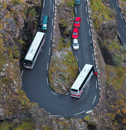 Jam on a mountain road. Due to malfunction of the bus.の写真素材