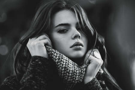 Young woman outdoors autumn portrait  Black and white colors の写真素材