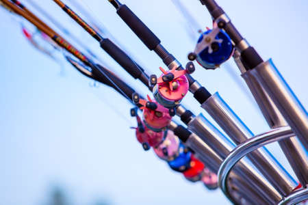 Fishing rods on boat close-up.の写真素材