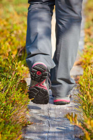 Woman walking on wooden path at swamp in Finland. Shoes close-up view.
