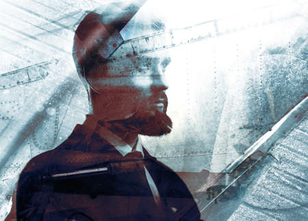 Scientist engineer man concept portrait. Serious male face with silhouettes of aircraft, spaceship and rough metal texture. Double exposure technique.の写真素材
