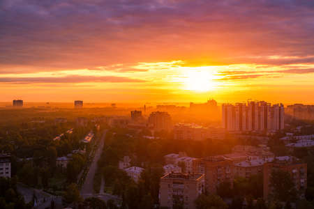 City at warm summer morning sunrise lightの写真素材
