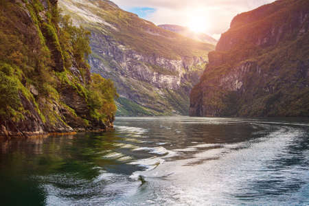 Traveling on Norway Geiranger fjord summer sunny landscapeの写真素材