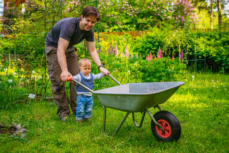 Father with son working in summer garden and holding wheelbarrowの写真素材