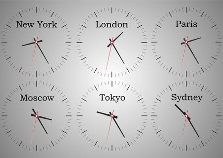 Wall clocks from the reception of the hotel showing the time of the world. Time of New York, London,...