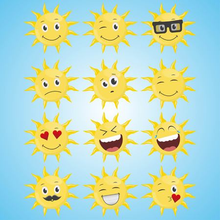 A set of yellow simple smiling sun. A cartoon character. Vector illustration, isolated on blue background. Cute smiling sun icon. Vector graphic illustrationの写真素材