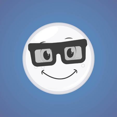 White simple smile cartoon moon symbol in glasses. Vector illustration, isolated on blue background. Cute smiling moon icon. Vector Graphics EPS 10のイラスト素材