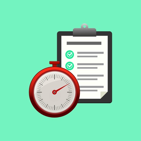 Fast service. Stopwatch with checklist and completed tasks isolated on blue background. Vector...