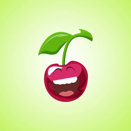 Giggling to tears cherry Cartoon Character. Cute laughing cherry icon isolated on green backgroundのイラスト素材