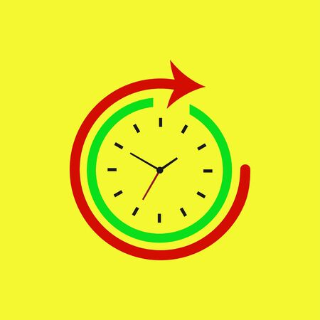 24 hour service clock infographic with red arrow in flat design isolated on yellow background. Vector illustration EPS 10.のイラスト素材