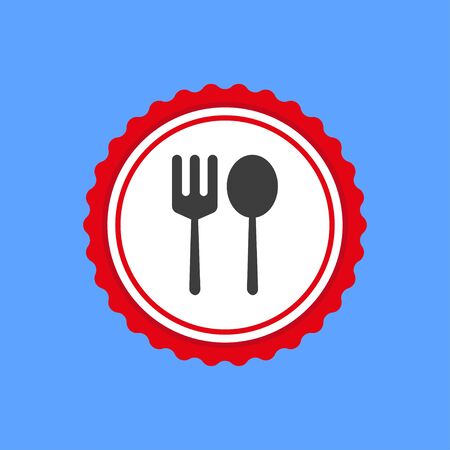 Spoon and fork in round frame red color isolated on blue background. Vector illustration EPS 10.のイラスト素材