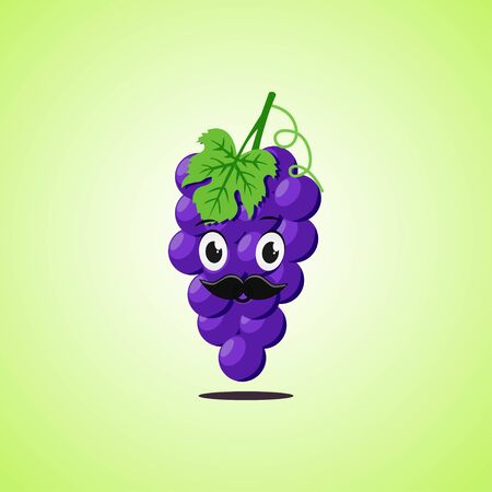 Purple grapes cartoon character with a mustache. Cute laughing purple grapes icon isolated on green background. Vector illustration EPS 10.のイラスト素材