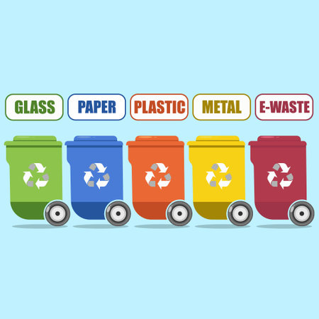 Sorted trash in garbage cans with paper, plastic, metal, e-waste and glass.のイラスト素材