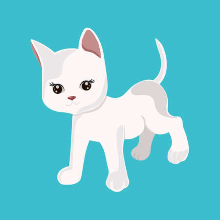 Cute cartoon white kitten isolated on a blue background. Little cat icon.のイラスト素材