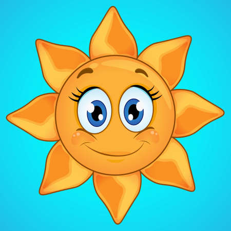 Cartoon smiling sun icon isolated on blue background. Cute sun icon.のイラスト素材