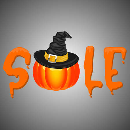 A Halloween sale featuring a pumpkin wearing a witch hat. Image of a pumpkin in a witch's hat for postcards, advertisements and websites. Vector illustration of EPS 10.のイラスト素材