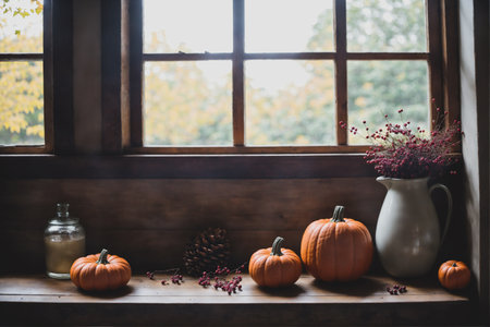 Autumn still life with pumpkins on wooden windowsill in rustic styleの素材