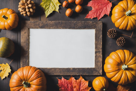 Autumn background with pumpkins, leaves, pine cones and framed blank white sheet of paper on wooden tableの素材