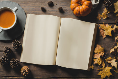 Autumn still life: pumpkin, leaves, cup of coffee and empty notebook on wooden backgroundの素材