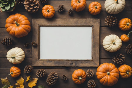 Autumn frame with empty white paper, pumpkins, pinecones and leaves on wooden background, top viewの素材