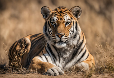 Siberian Tiger lying down in the grass.の素材