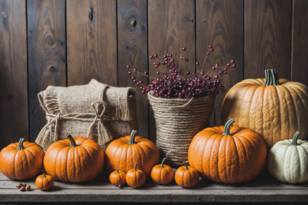 Autumn still life with pumpkins and berries on rustic wooden backgroundの素材