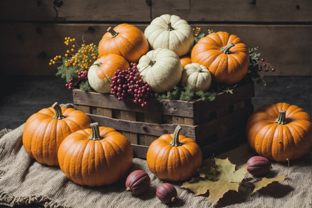 Autumn composition with pumpkins, berries and leaves on wooden backgroundの素材