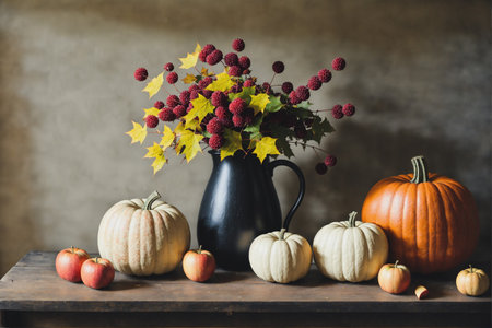 Autumn still life with pumpkins, apples and berries on wooden table.の素材
