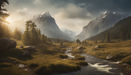 Mountain landscape with river and forest at sunset. Panoramic viewの素材