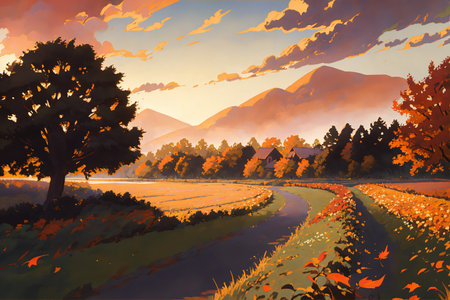 Beautiful autumn landscape with meadow and mountains. Drawing.の素材