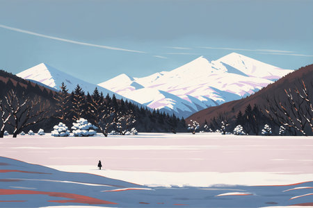 Winter landscape with snow and mountains in the background, illustration.の素材