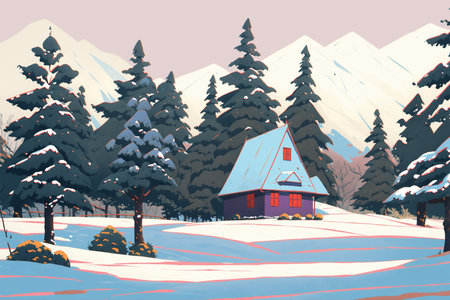 Winter landscape with a wooden house in the mountains. Drawing.の素材