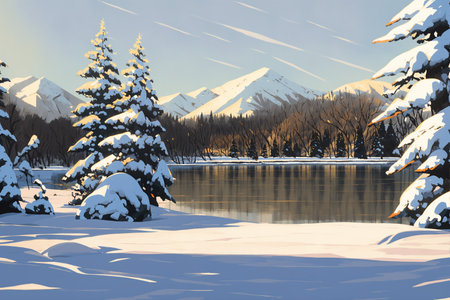 Winter landscape with snow covered fir trees and lake. Drawingの素材