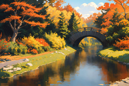 Autumn landscape with bridge over the river and colorful trees. Drawing.の素材