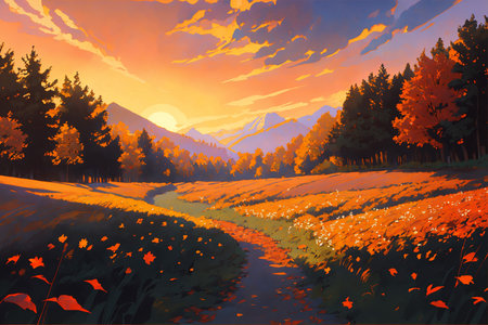 Beautiful autumn landscape with meadow and mountains. Drawing.の素材