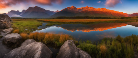 Sunset in the mountains. Panorama of a lake in the mountains.の素材