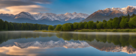 Panoramic view of mountain lake with reflection in water.の素材