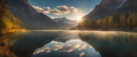 Mountain lake at sunrise. Panoramic view. Nature composition.の素材