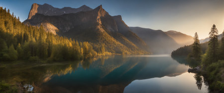 Mountain lake with reflection at sunrise.の素材