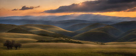 Panoramic view of hills at sunset.の素材