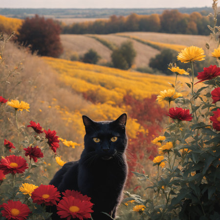 Black cat on a field of flowers.の素材