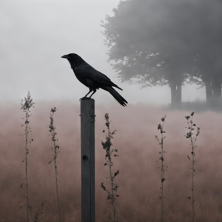 Black crow on a wooden post in a foggy field.の素材