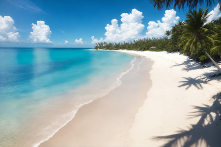 Beautiful white sand beach with palm trees and turquoise seaの素材